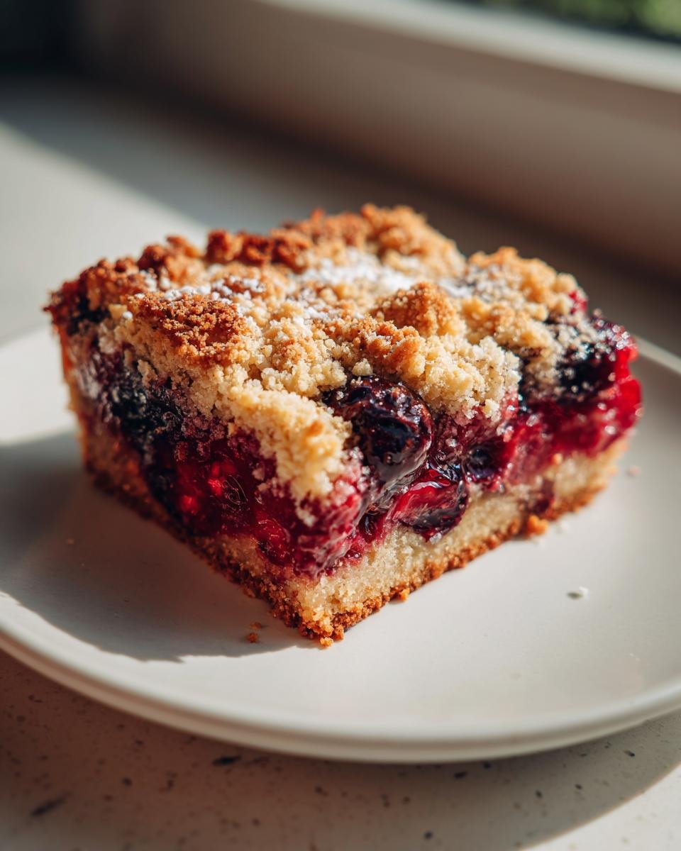 Ein saftiges Stück Kirschkuchen mit Streusel, belegt mit Kirschen und bestäubt mit Puderzucker, auf einem weißen Teller.