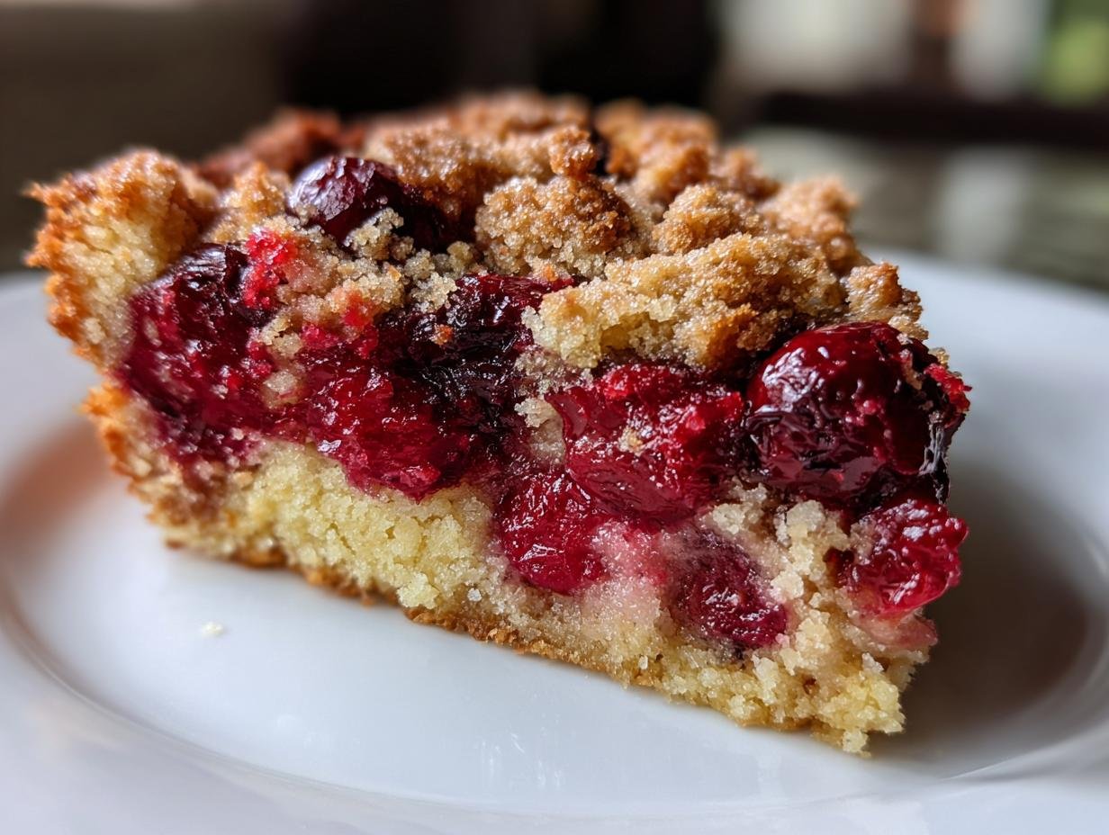 Nahaufnahme eines saftigen Stücks Kirschkuchen mit Streusel auf einem weißen Teller.