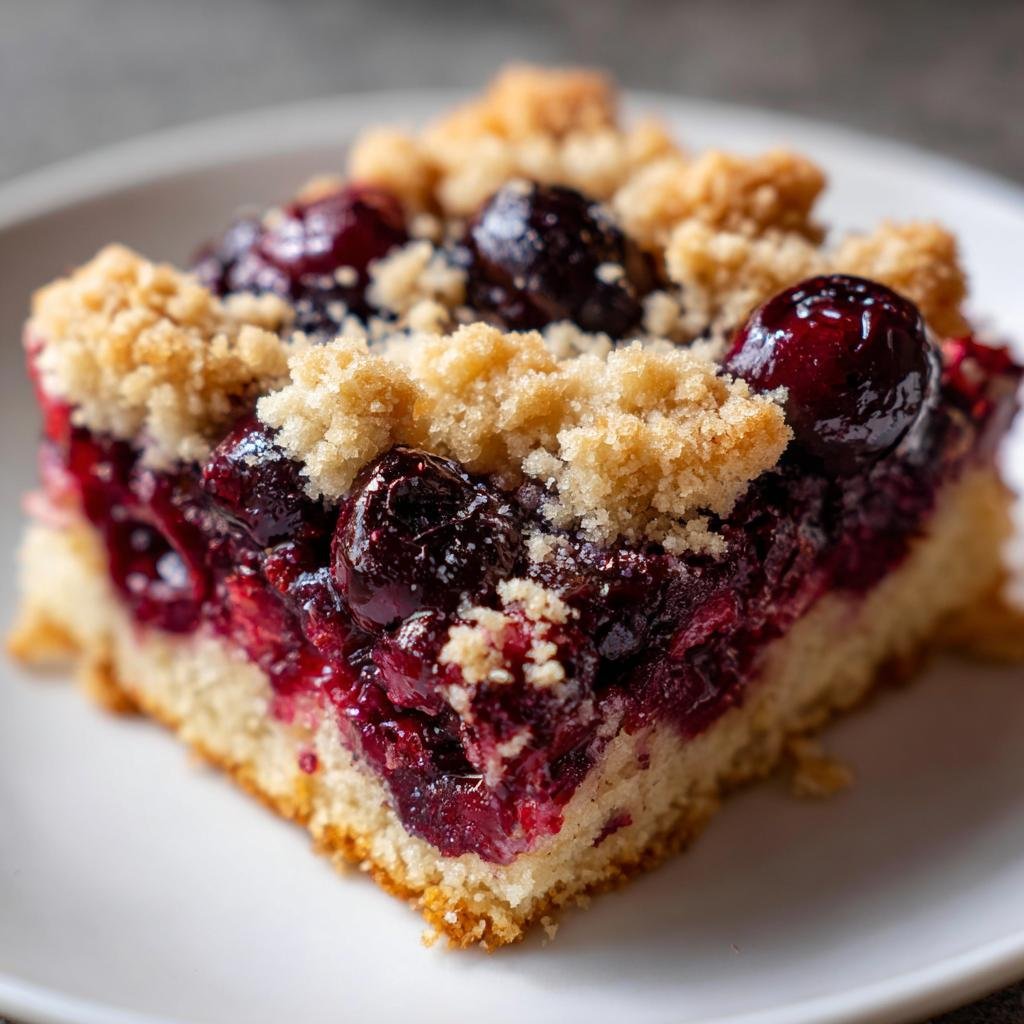 Nahaufnahme eines saftigen Stücks Kirschkuchen mit Streusel, belegt mit dunklen Kirschen auf einem weißen Teller.