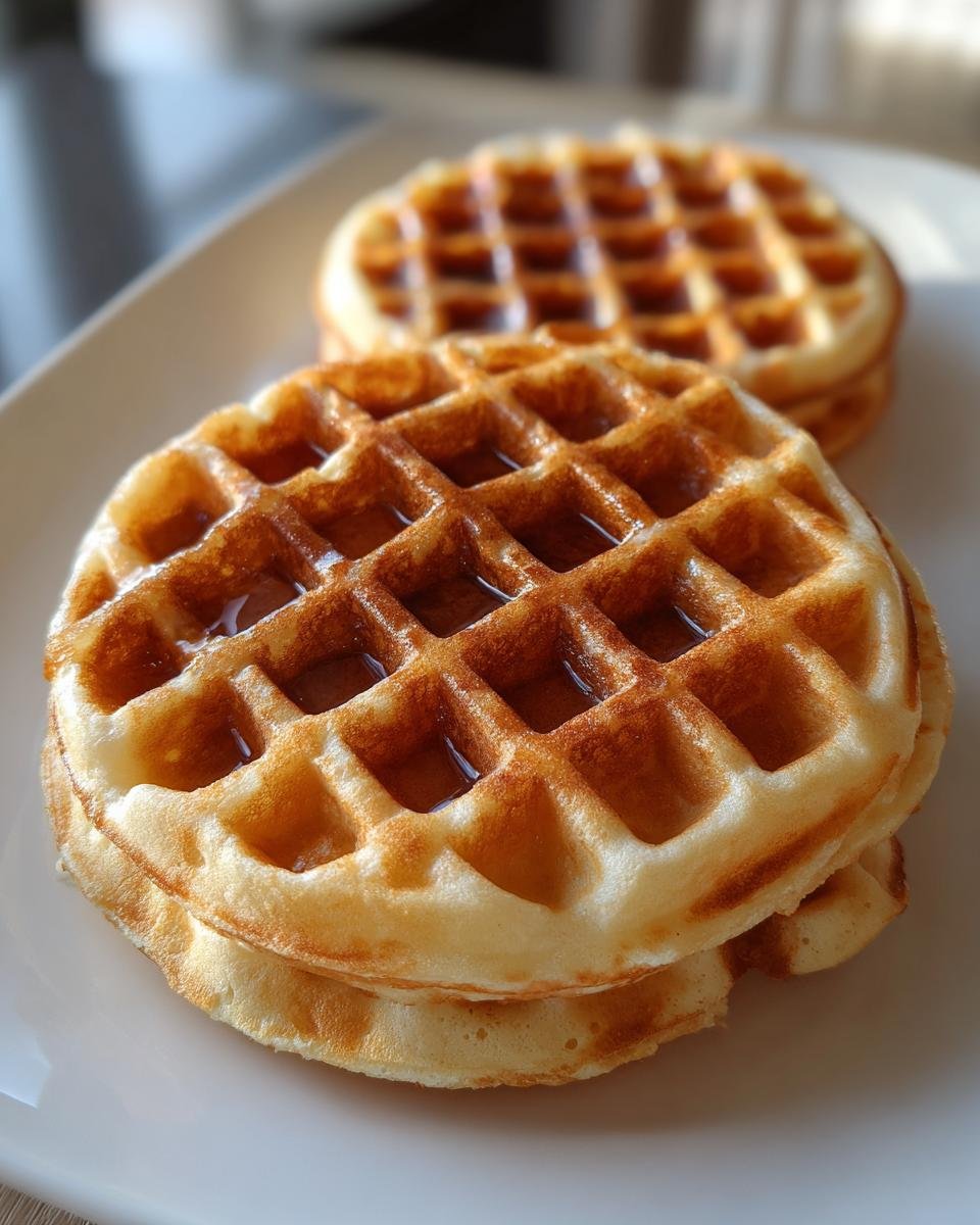 Zwei goldbraune, gestapelte Waffeln mit Sirup, die das Ergebnis von Omas Waffelteig sind.