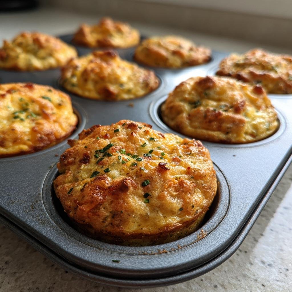 Nahaufnahme von gebackenen Kleinen Omelette im Muffinblech, goldbraun und mit Schnittlauch bestreut.