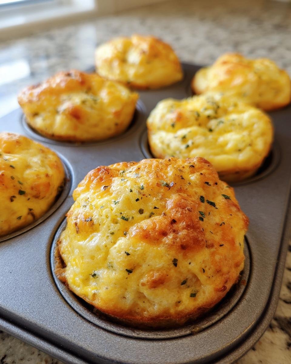 Frisch gebackene Kleine Omelette im Muffinblech mit goldbrauner Kruste und Kräutern.