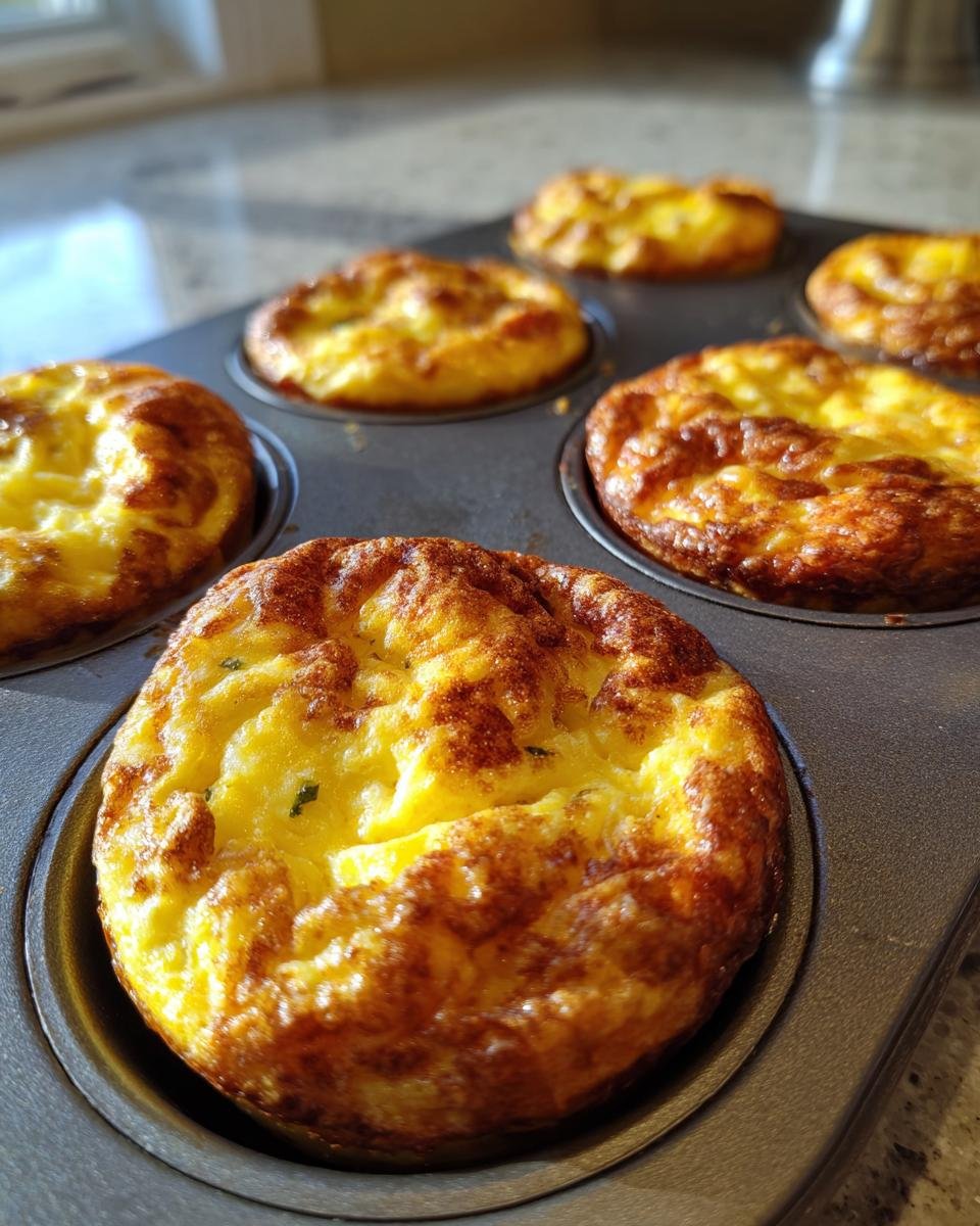 Nahaufnahme von goldbraun gebackenen Kleine Omelette im Muffinblech in einer Muffinform.