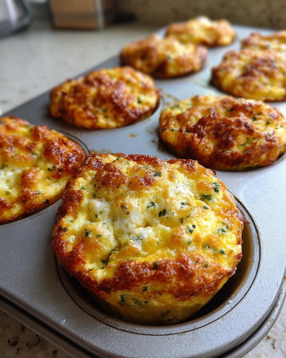Nahaufnahme von goldbraun gebackenen Kleinen Omelette im Muffinblech in einer Muffinform.