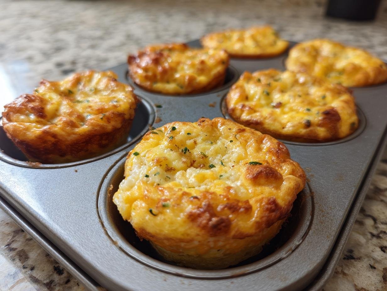 Sechs goldbraune Kleine Omelette im Muffinblech mit Käse und Kräutern in einem Backblech.