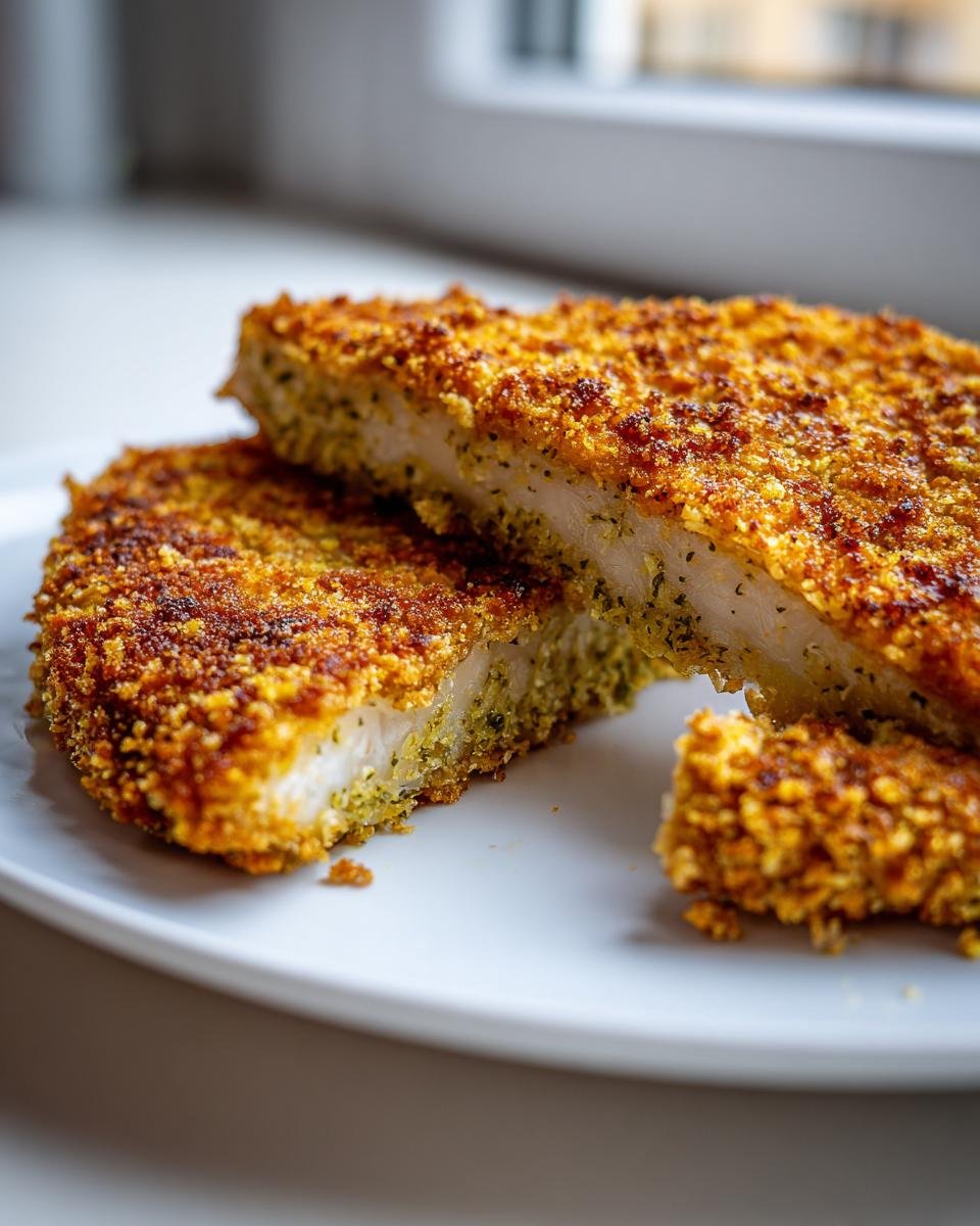 Zwei Stücke Knusprige Kohlrabi-Schnitzel vegan mit goldbrauner Semmelbrösel-Panade auf einem weißen Teller.