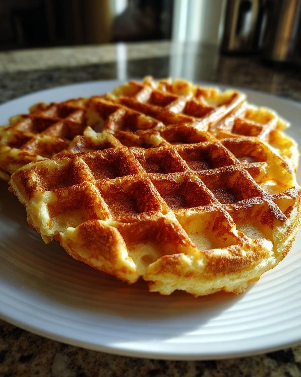 Zwei goldbraune, knusprige Waffeln liegen auf einem weißen Teller, perfekt gebacken.