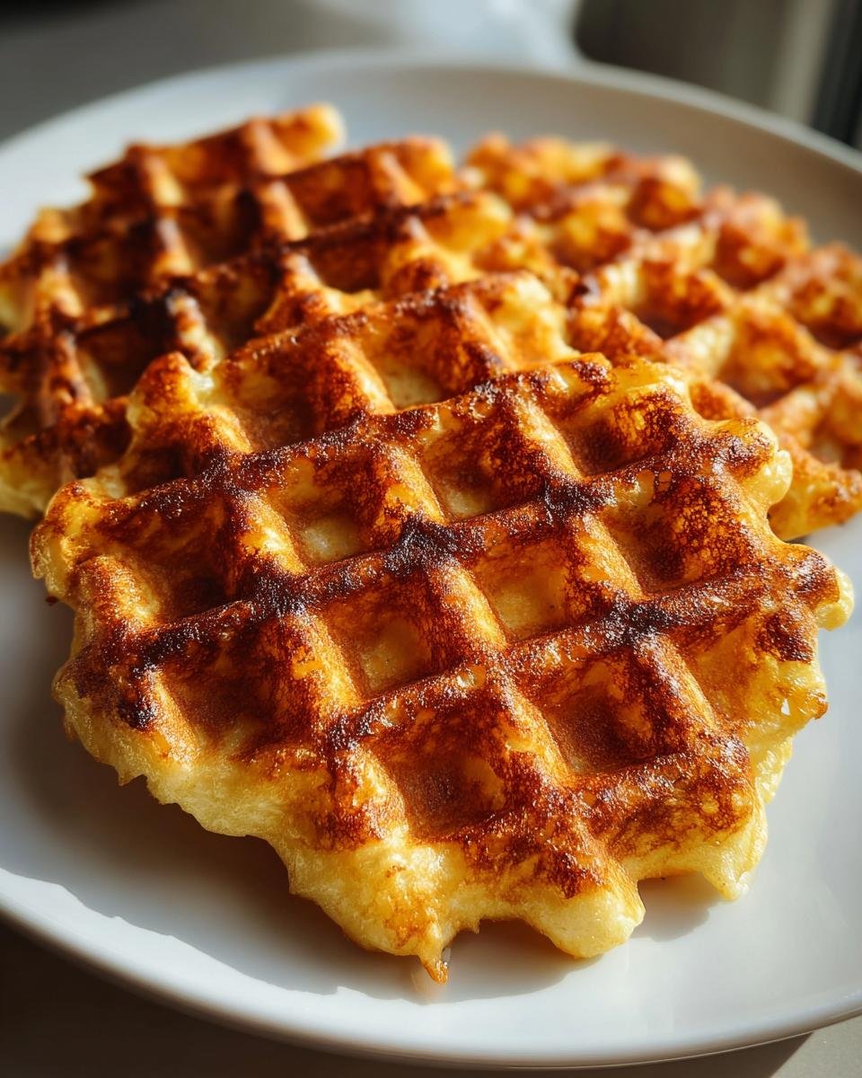 Nahaufnahme von mehreren goldbraun gebackenen, knusprigen Waffeln auf einem weißen Teller.