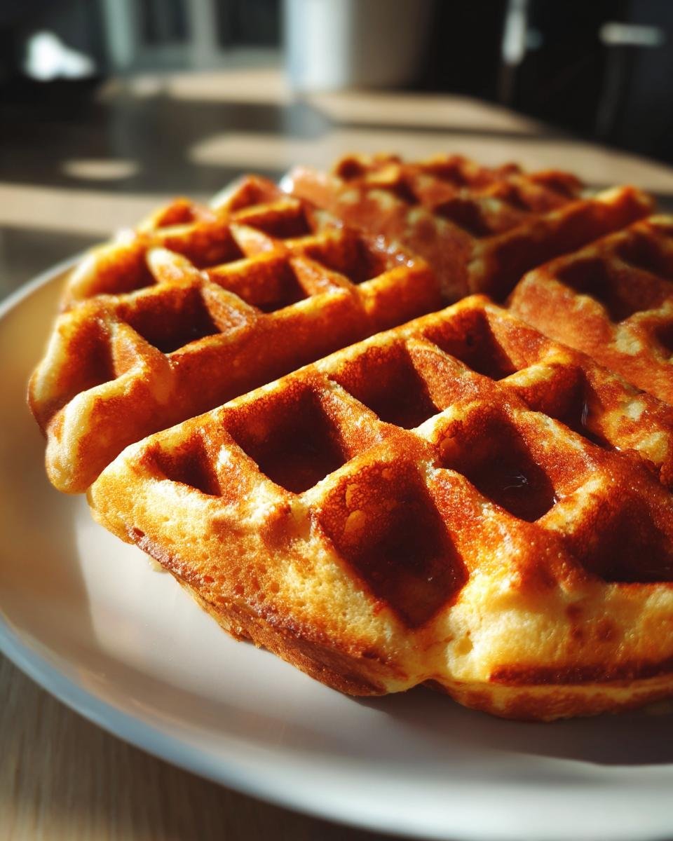 Nahaufnahme von zwei goldbraunen, knusprigen Waffeln auf einem hellen Teller, perfekt für das Rezept Knusprige Waffeln.