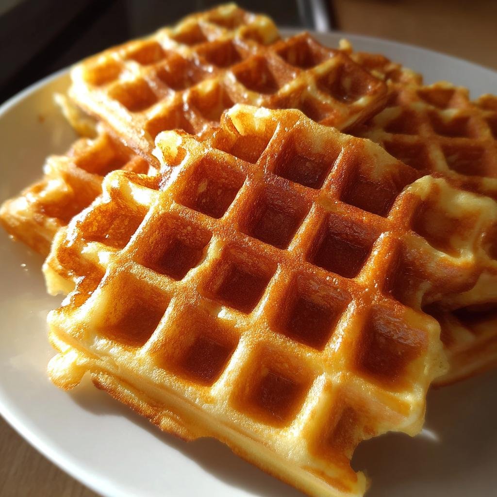 Nahaufnahme von mehreren goldbraunen, knusprigen Waffeln auf einem weißen Teller, die das beste Rezept für Knusprige Waffeln zeigen.