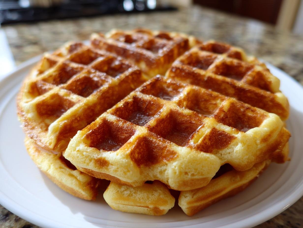 Ein Stapel goldbrauner, knuspriger Waffeln auf einem weißen Teller, perfekt für das beste Rezept.