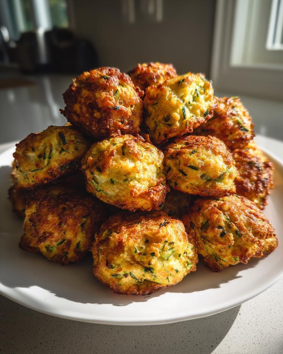 Ein Haufen goldbraun gebratener Knusprige Zucchini-Feta-Bällchen auf einem weißen Teller.