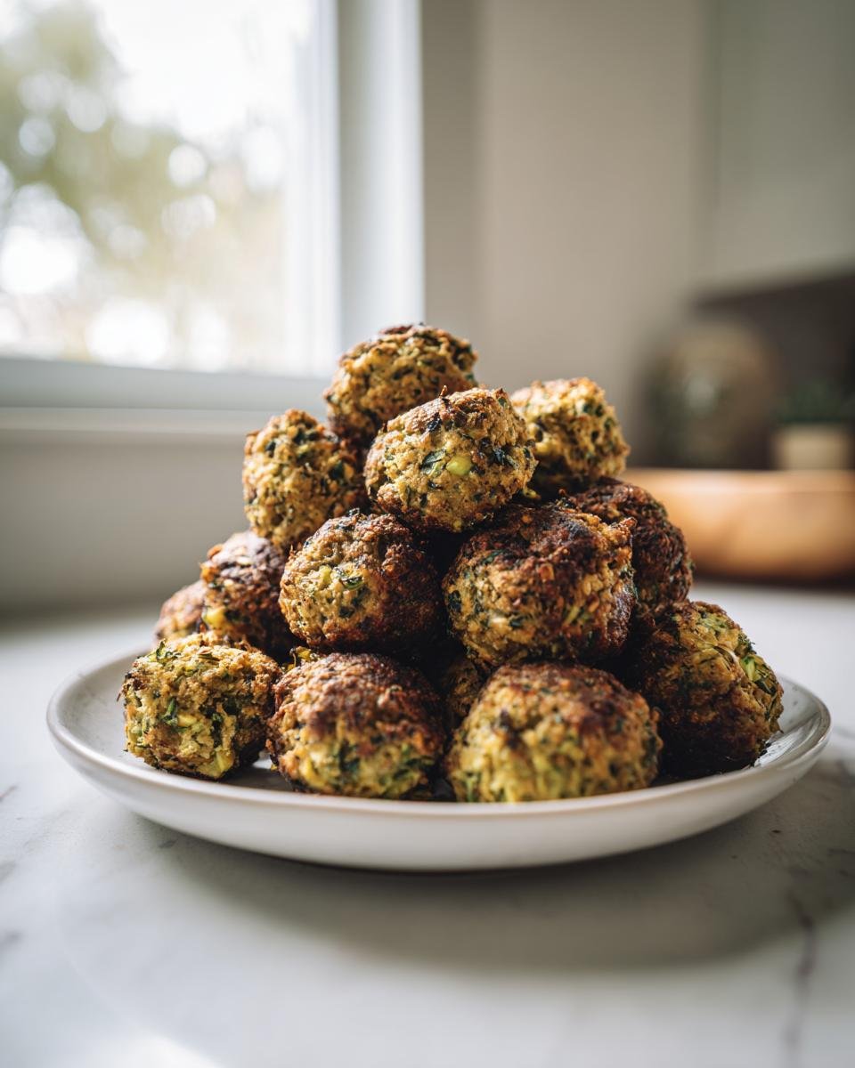 Ein Haufen goldbraun gebackener Knusprige Zucchini-Feta-Bällchen auf einem weißen Teller.