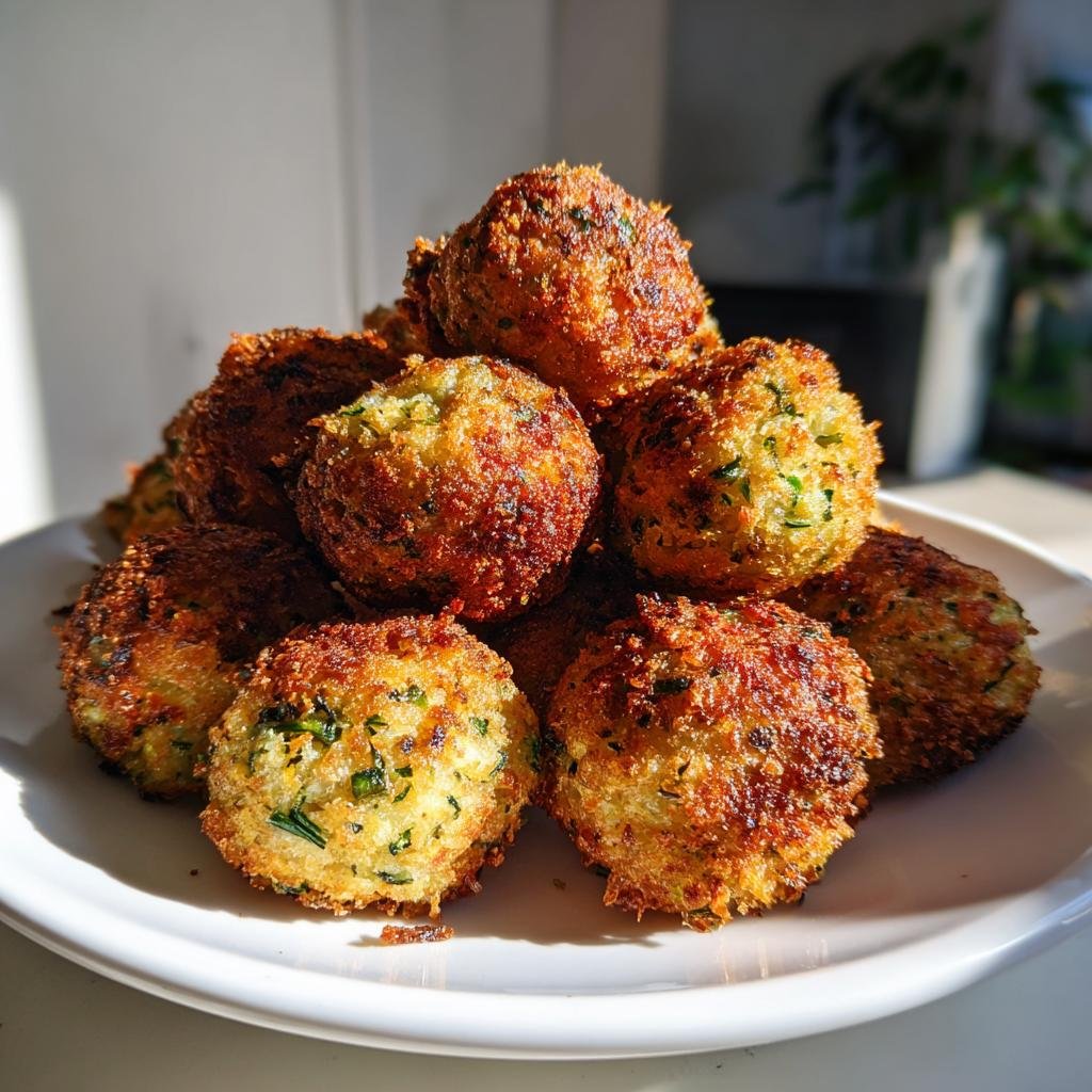 Ein Stapel goldbraun frittierter Knusprige Zucchini-Feta-Bällchen mit Kräutern auf einem weißen Teller.