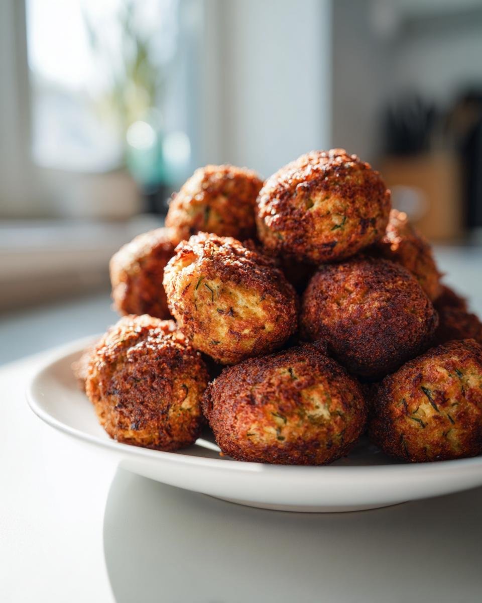 Ein Haufen goldbraun gebratener Knusprige Zucchini-Feta-Bällchen auf einem weißen Teller.