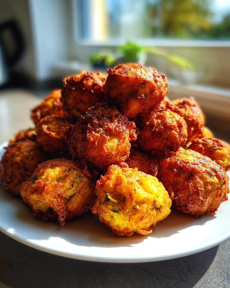 Ein Haufen goldbraun frittierter Knusprige Zucchini-Feta-Bällchen auf einem weißen Teller.