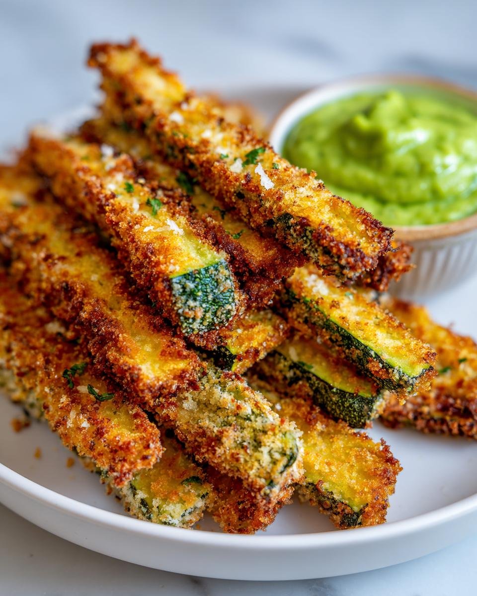 Stapel knusprigen Low-Carb Zucchini-Fritten mit goldbrauner Panade auf einem weißen Teller, daneben ein grüner Avocado-Dip.