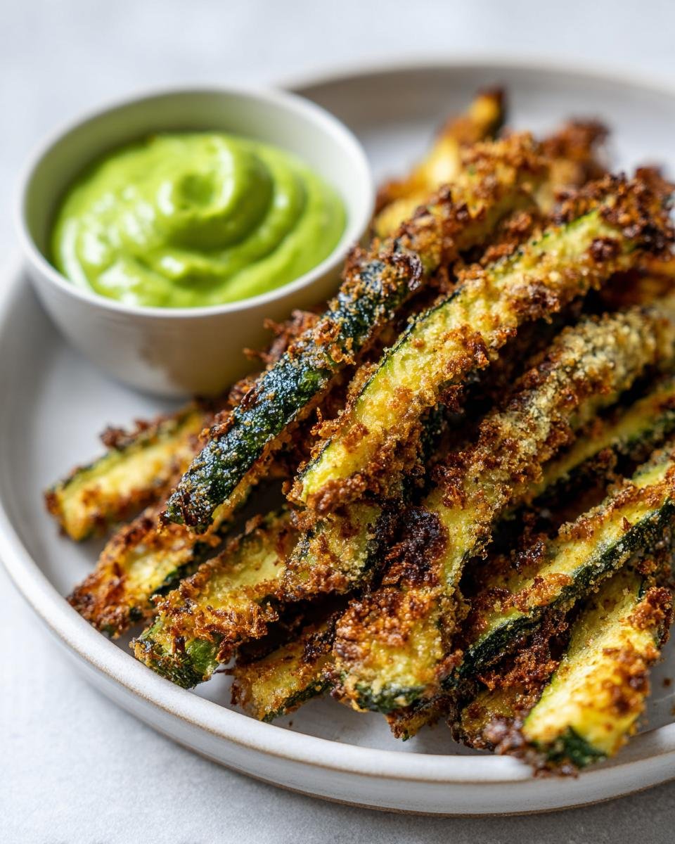 Nahaufnahme von knusprigen Low-Carb Zucchini-Fritten mit einem cremigen grünen Avocado-Dip.