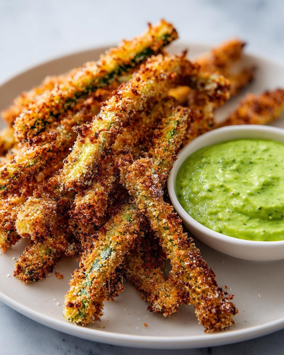Knusprigen Low-Carb Zucchini-Fritten mit goldbrauner Panade und grünem Avocado-Dip auf einem Teller.