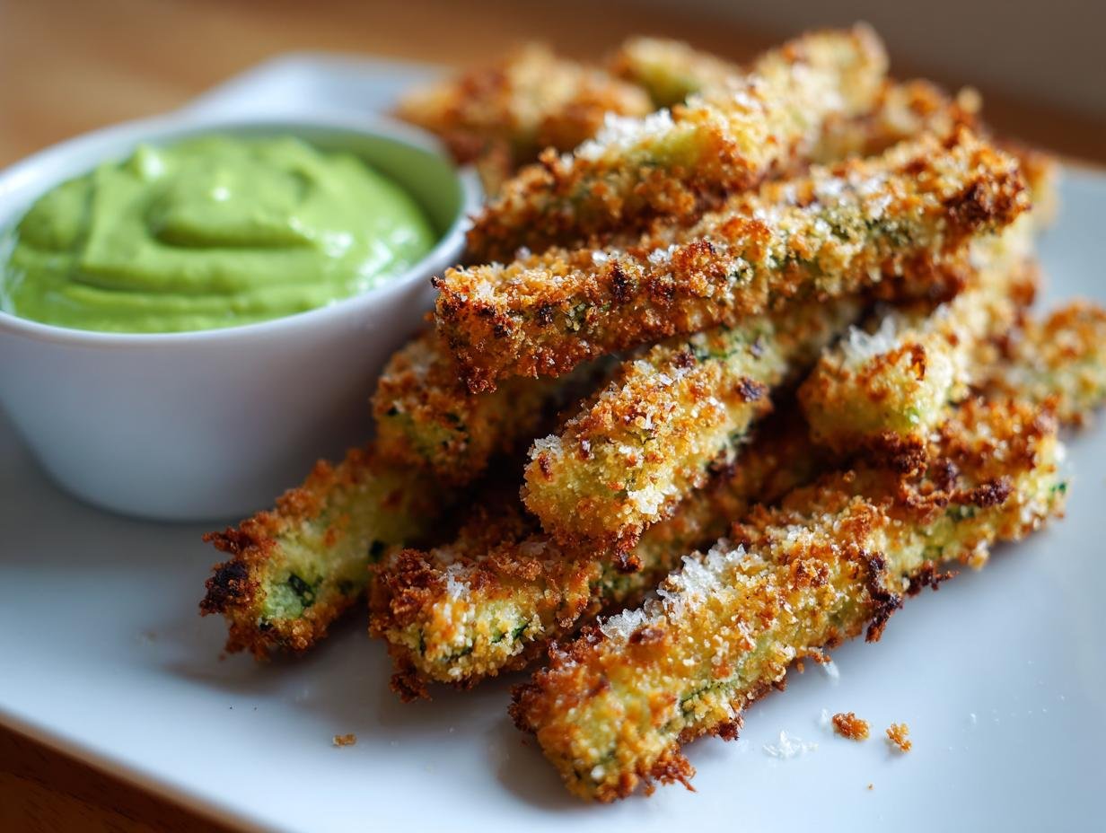 Ein Teller mit knusprigen Low-Carb Zucchini-Fritten und einer kleinen Schale grünem Avocado-Dip.