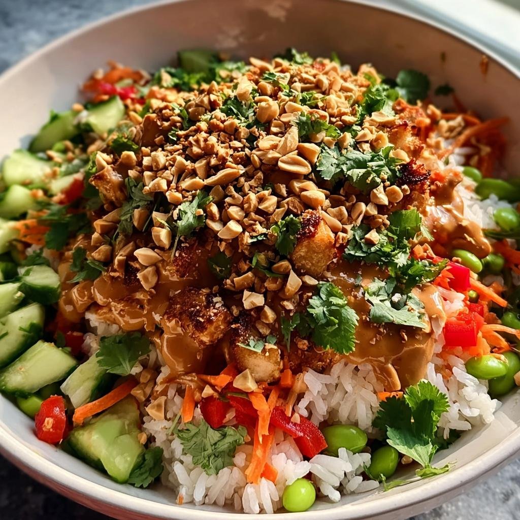 Nahaufnahme eines Schüssel mit Knuspriger Satay-Reis-Salat, bedeckt mit Erdnüssen und Satay-Sauce.