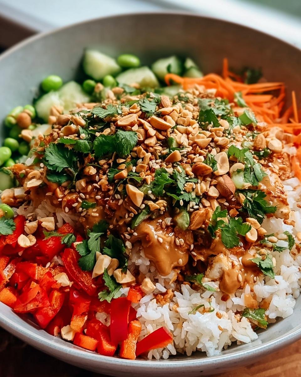 Nahaufnahme eines Knuspriger Satay-Reis-Salat Bowls mit Reis, Erdnüssen, Koriander und frischem Gemüse.