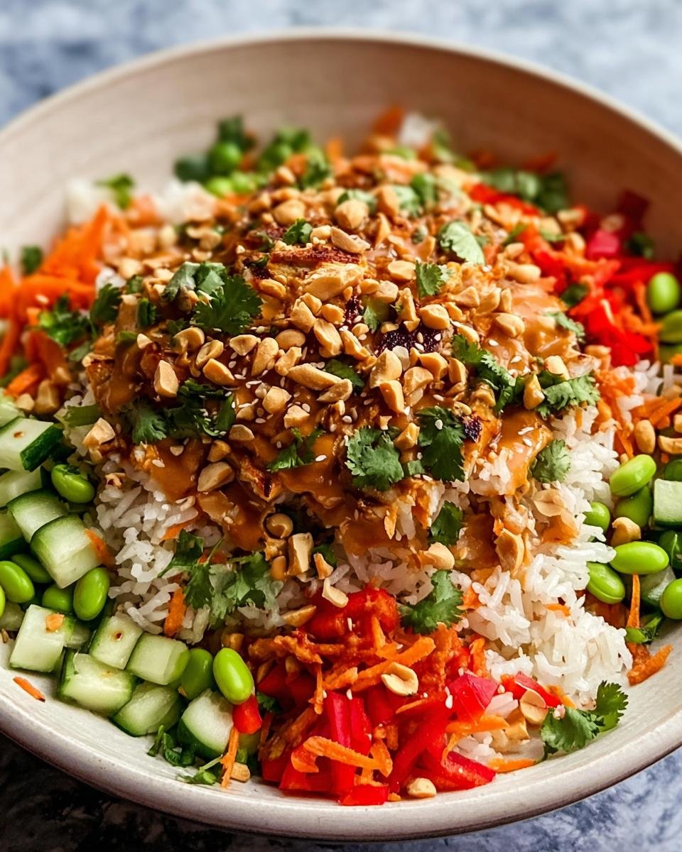 Nahaufnahme eines Schüssel mit Knuspriger Satay-Reis-Salat, bedeckt mit Erdnusssoße, gehackten Erdnüssen und frischem Koriander.