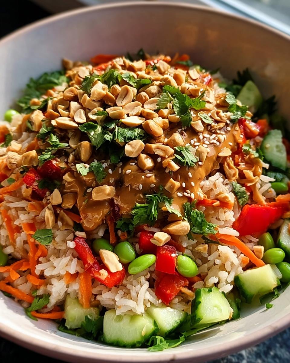 Nahaufnahme eines Schüssel mit Knuspriger Satay-Reis-Salat, bedeckt mit Erdnusssauce, gehackten Erdnüssen und frischem Koriander.