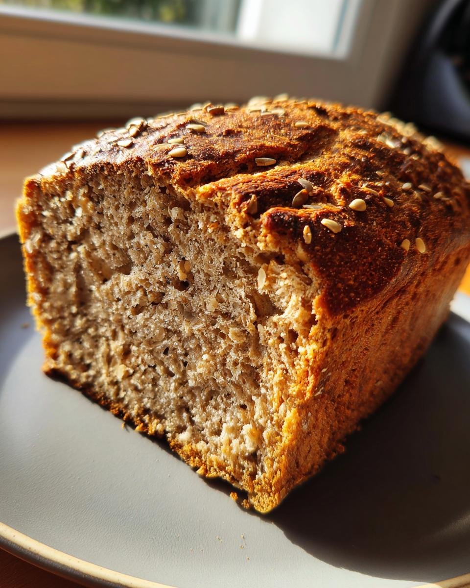 Aufgeschnittenes, knuspriges Körner Dinkelbrot mit Sonnenblumenkernen auf einem grauen Teller im warmen Licht.