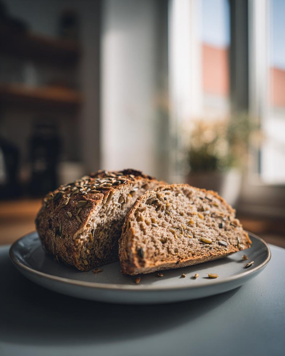 Ein Laib selbstgebackenes Körner Dinkelbrot, angeschnitten mit einer Scheibe auf einem grauen Teller.