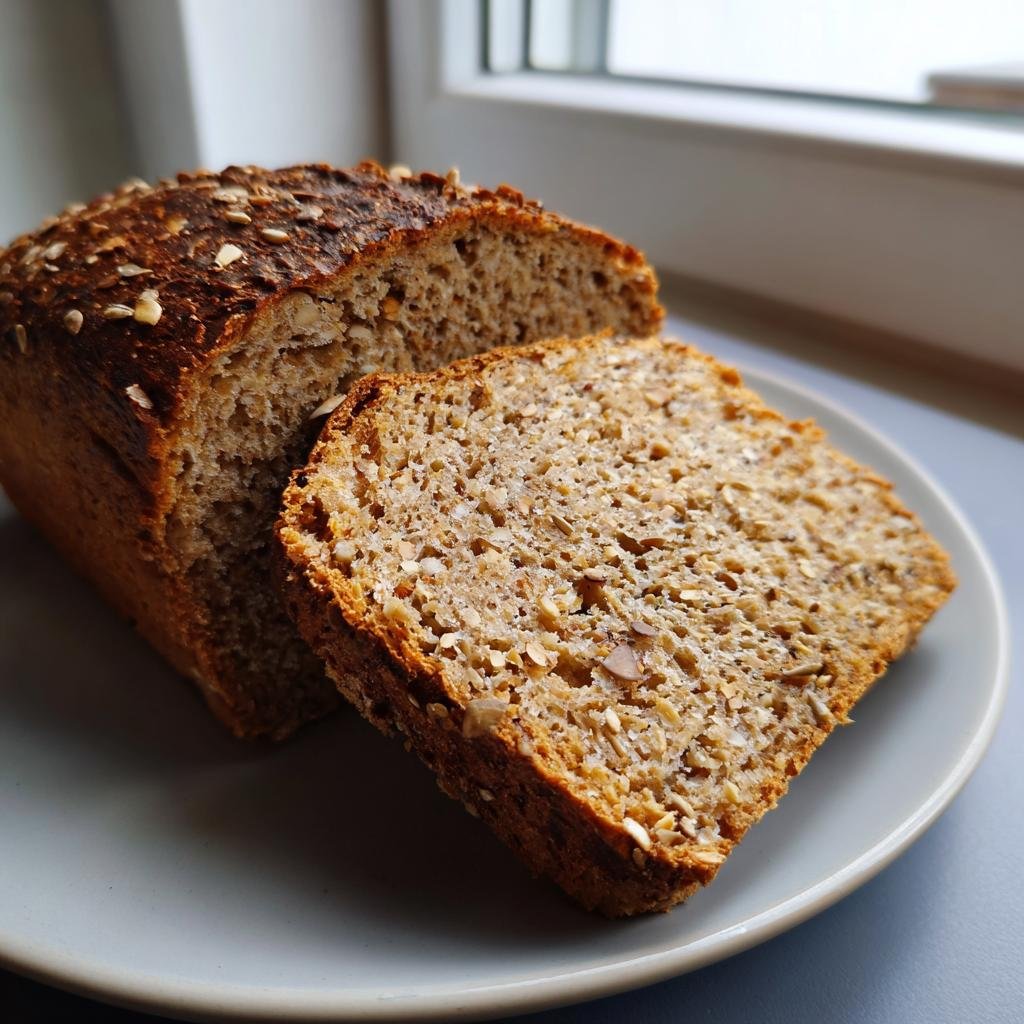 Anschnitt eines frisch gebackenen Körner Dinkelbrot mit vielen Körnern und Haferflocken auf einer grauen Unterlage.