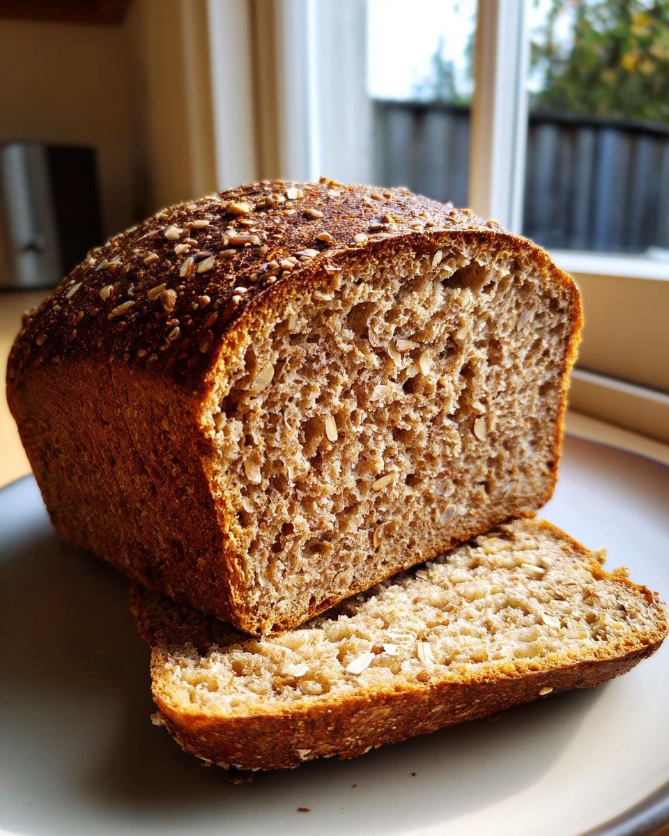 Angeschnittenes Körner Dinkelbrot mit knuspriger Saatenkruste auf einem Teller, das Innere ist locker und körnig.