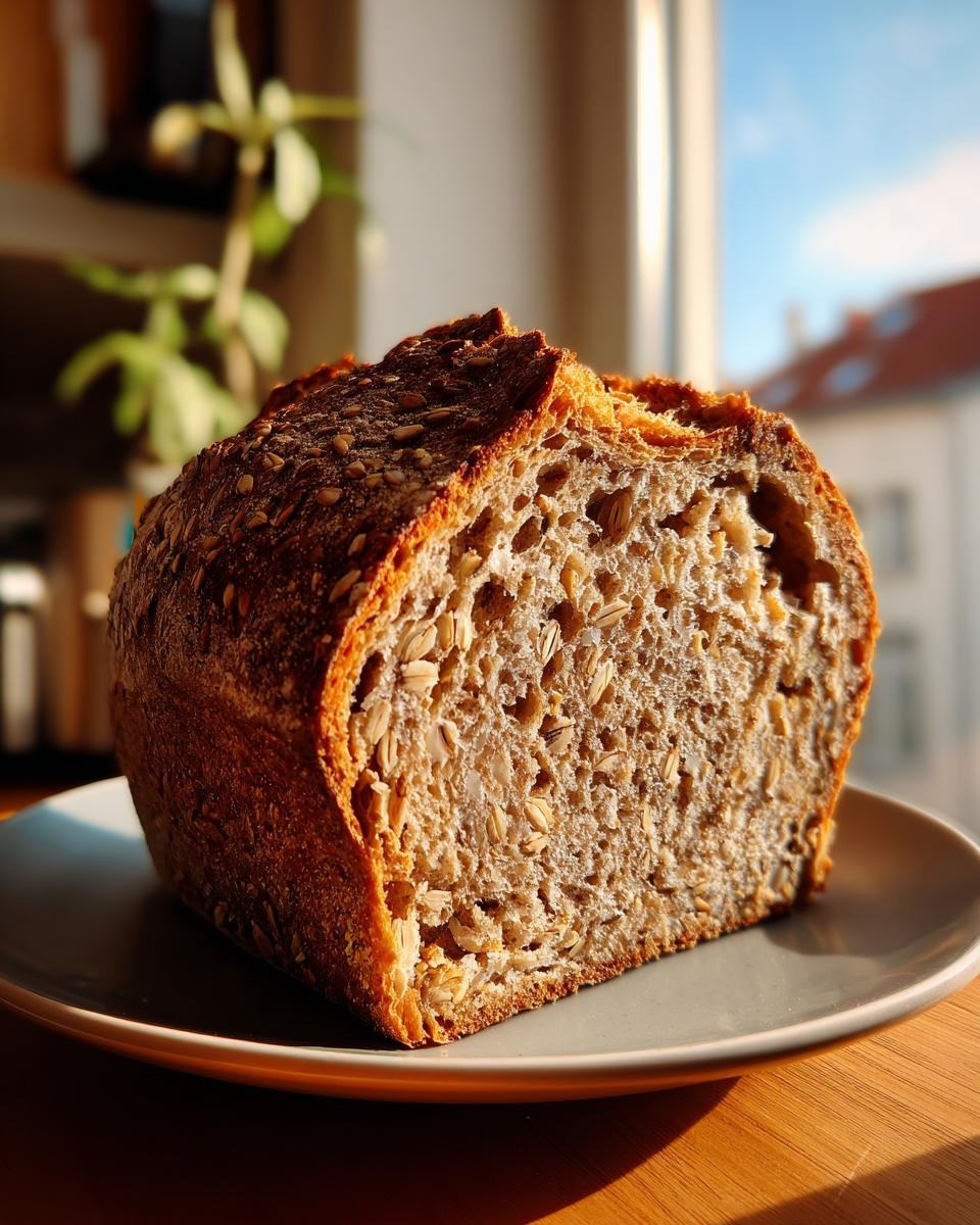Ein aufgeschnittenes Laib Körner Dinkelbrot mit vielen sichtbaren Körnern und einer dunklen Kruste, auf einem Teller.