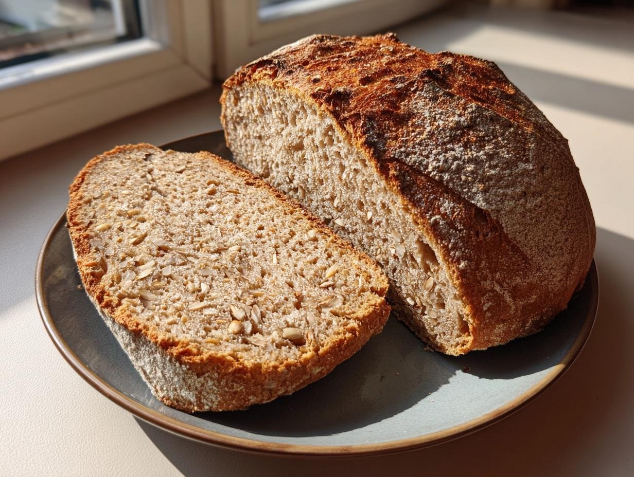 Ein Laib selbstgebackenes Körner Dinkelbrot, aufgeschnitten mit einer Scheibe daneben auf einem Teller.