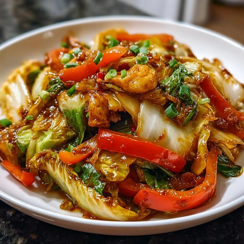 Nahaufnahme eines Köstliches Chinakohl-Pfannengericht mit roten Paprika und Frühlingszwiebeln in einer dunklen Soße.