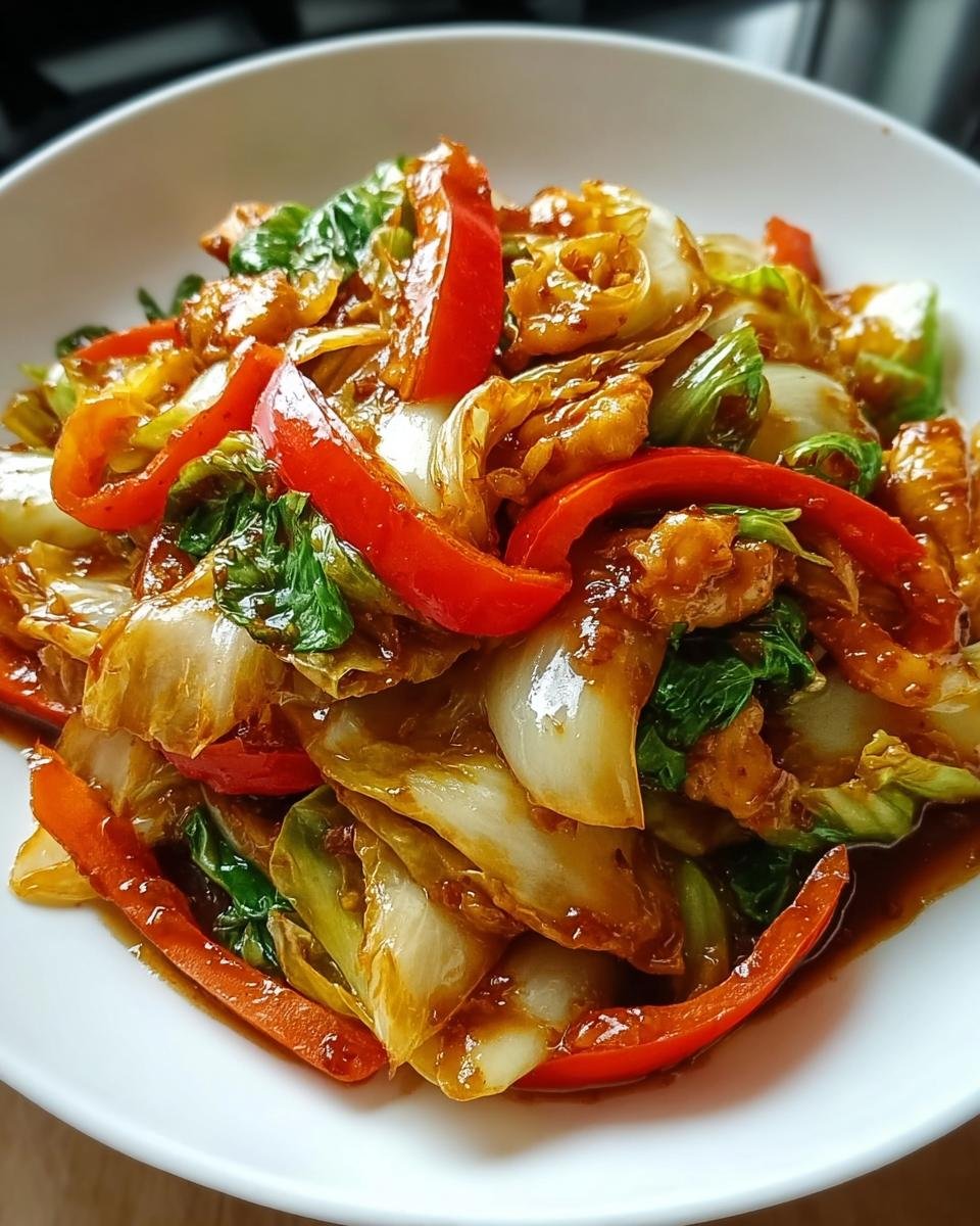 Nahaufnahme eines köstlichen Chinakohl-Pfannengericht mit roten Paprikastreifen in einer dunklen Soße.