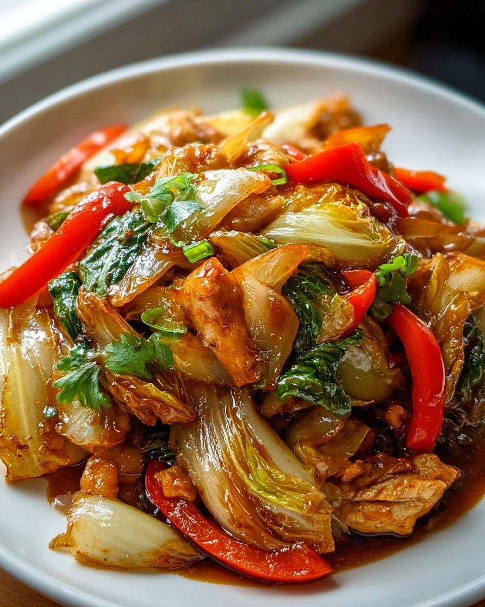 Nahaufnahme eines Köstliches Chinakohl-Pfannengericht mit roten Paprikastreifen und dunkler Soße.