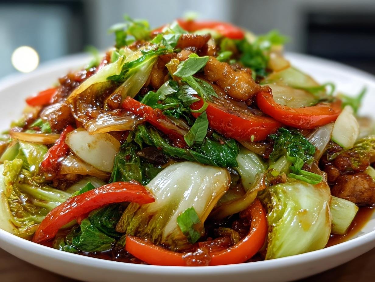 Nahaufnahme eines Köstliches Chinakohl-Pfannengericht mit gebratenem Fleisch, roten Paprikastreifen und Zwiebeln in dunkler Soße.