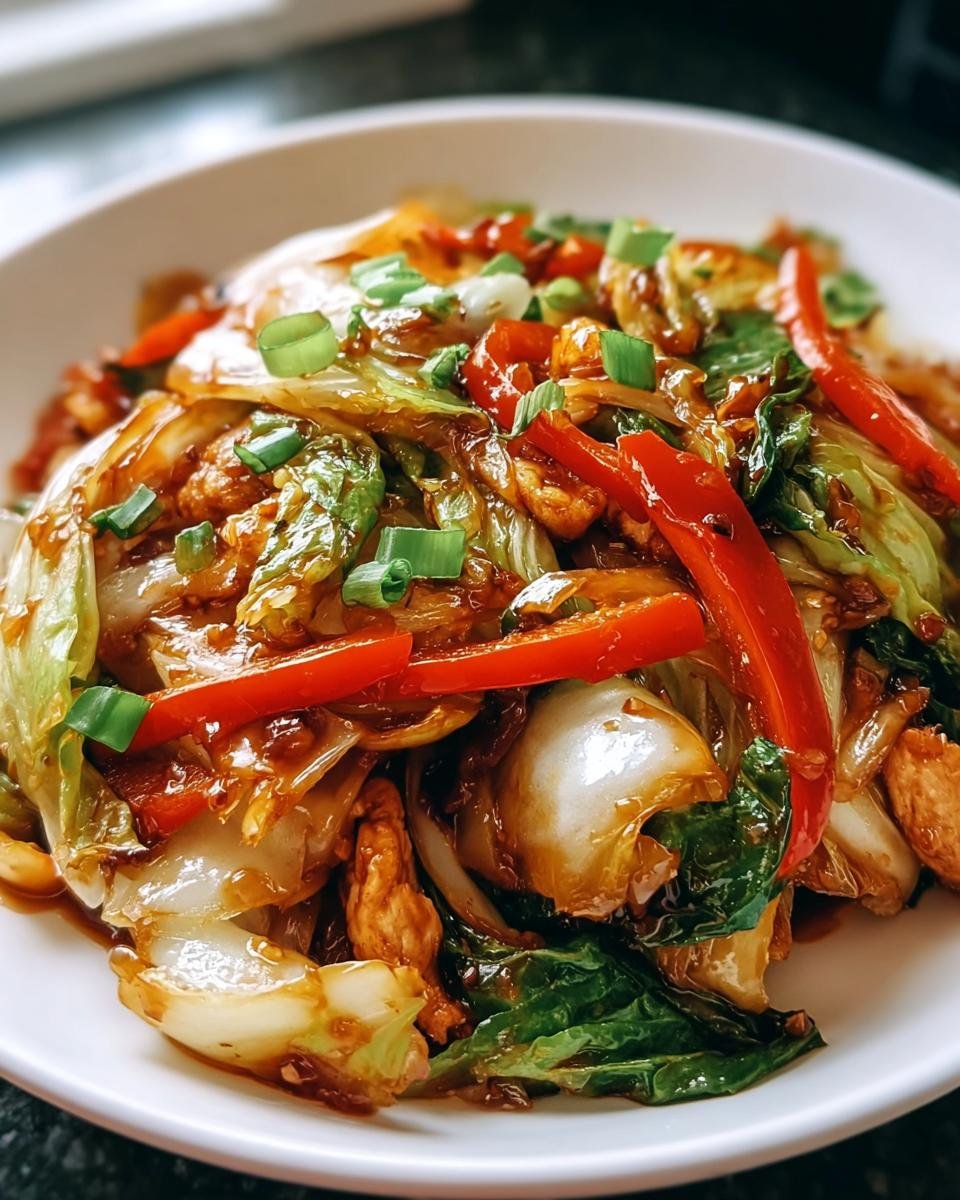 Nahaufnahme eines Köstliches Chinakohl-Pfannengericht mit viel Sauce, roten Paprikastreifen und Frühlingszwiebeln.