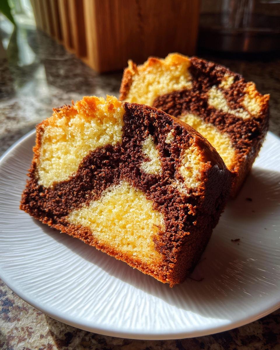 Zwei saftige Scheiben des Kürbis-Marmorkuchen mit hellem und dunklem Teig auf einem weißen Teller.