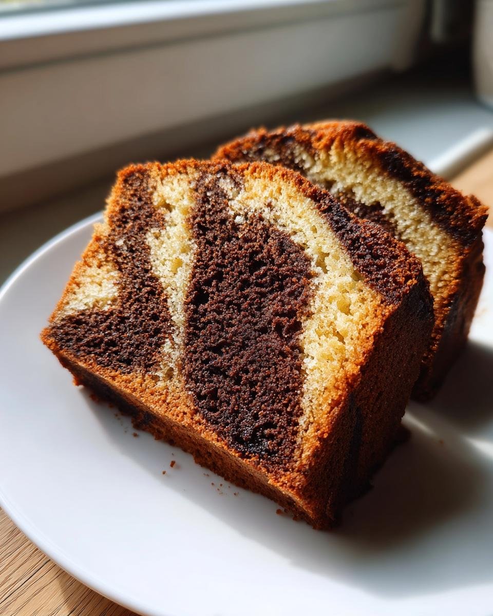 Zwei Scheiben saftiger Kürbis-Marmorkuchen mit deutlicher Marmorierung auf einem weißen Teller.