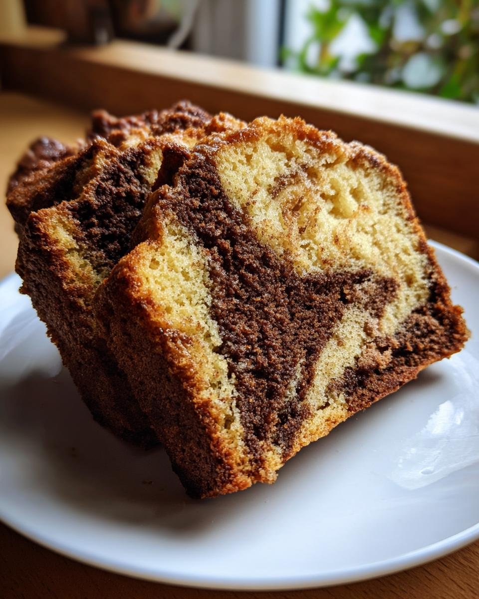 Drei saftige Scheiben Kürbis-Marmorkuchen mit hellem und dunklem Teig auf einem weißen Teller.