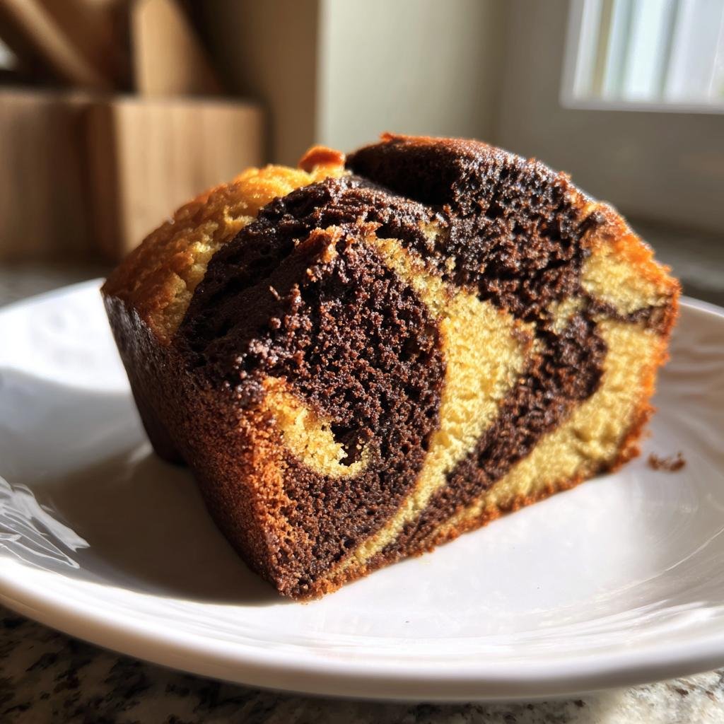 Nahaufnahme eines saftigen Stücks Kürbis-Marmorkuchen mit deutlicher Marmorierung von hellem und dunklem Teig auf einem weißen Teller.