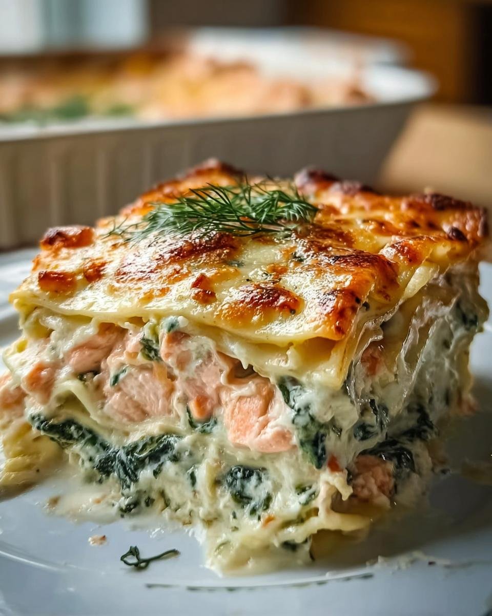 Ein großes Stück Lachs-Spinat-Lasagne mit Sahnesoße, überbacken und garniert mit Dill.