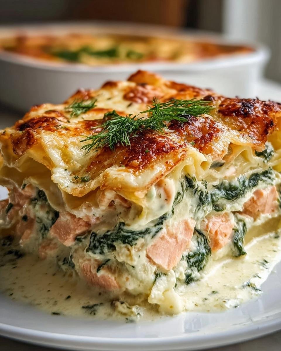 Ein cremiges Stück Lachs-Spinat-Lasagne mit Sahnesoße, garniert mit frischem Dill.