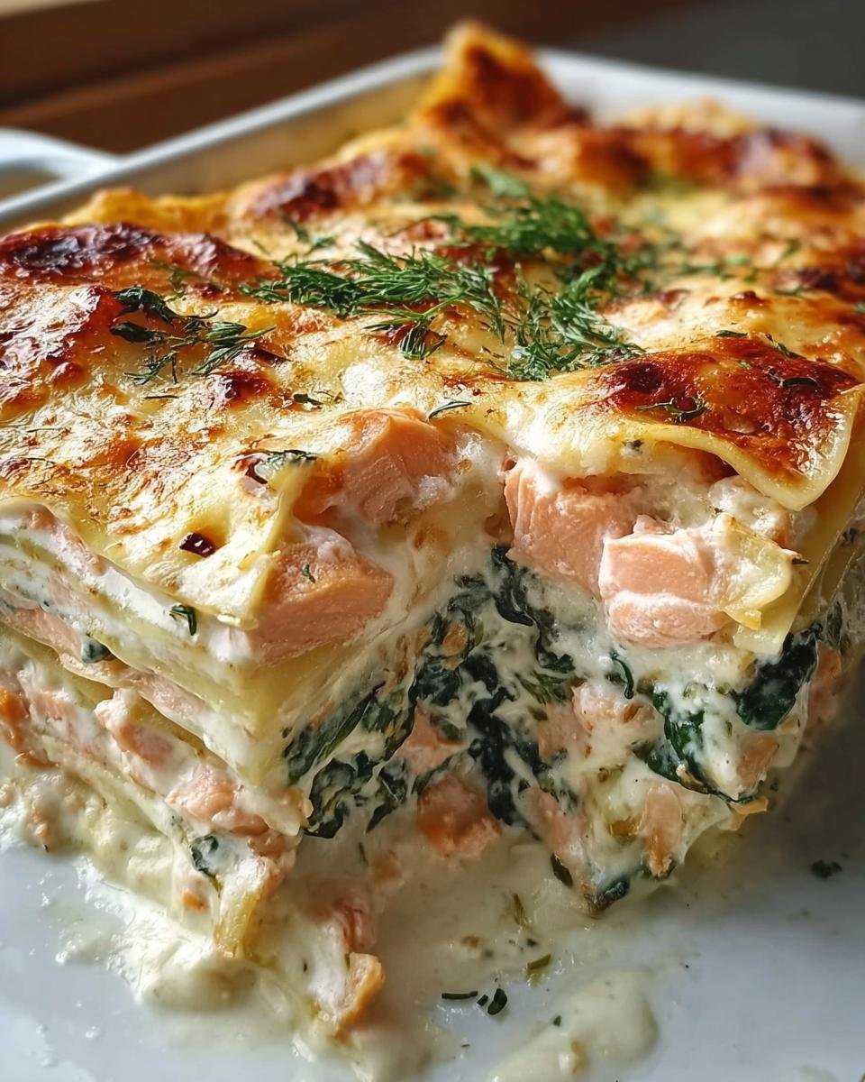 Ein cremiger Anschnitt der Lachs-Spinat-Lasagne mit Sahnesoße, reich gefüllt mit Lachs und Spinat.