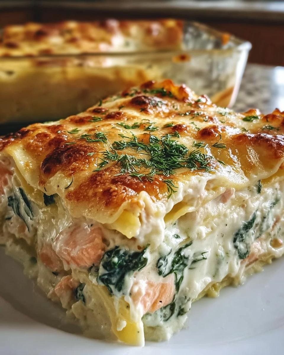 Ein Stück Lachs-Spinat-Lasagne mit Sahnesoße, geschichtet und mit goldbraunem Käse überbacken.