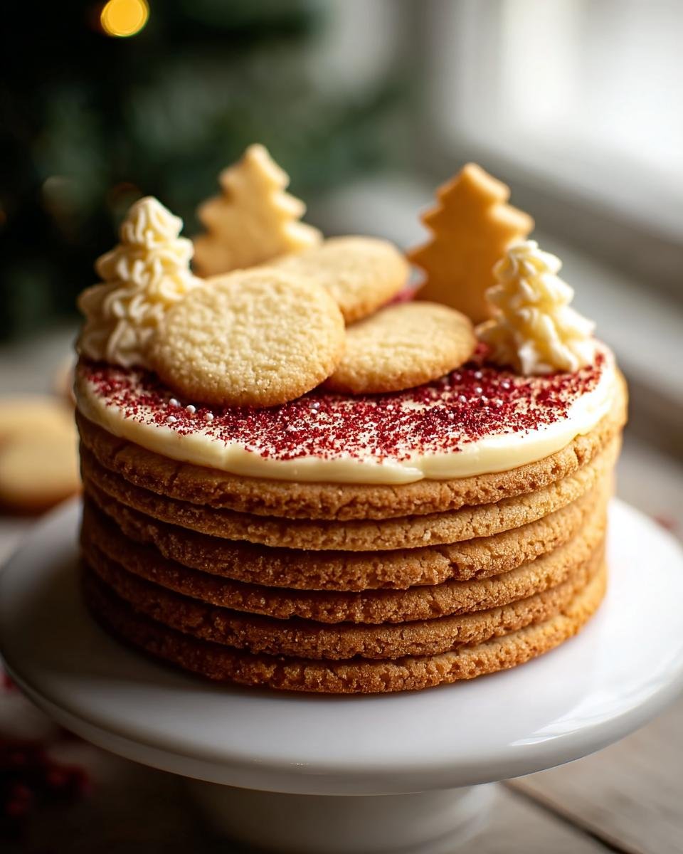 A tall stack of cookies layered like a cake, decorated with white frosting and festive Christmas tree shapes, perfect for Xmas Desserts.