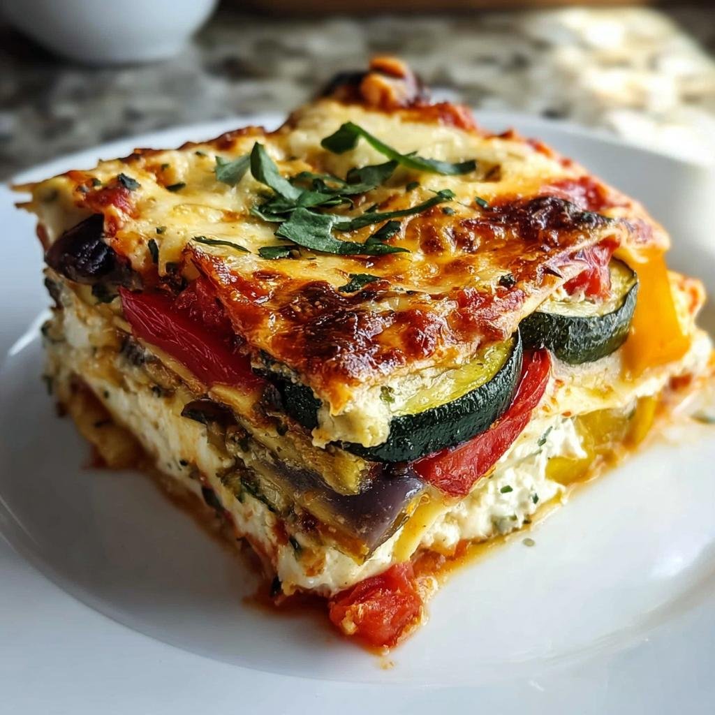 A delicious slice of Layered Mediterranean Vegetable Lasagna with creamy ricotta and browned cheese topping.