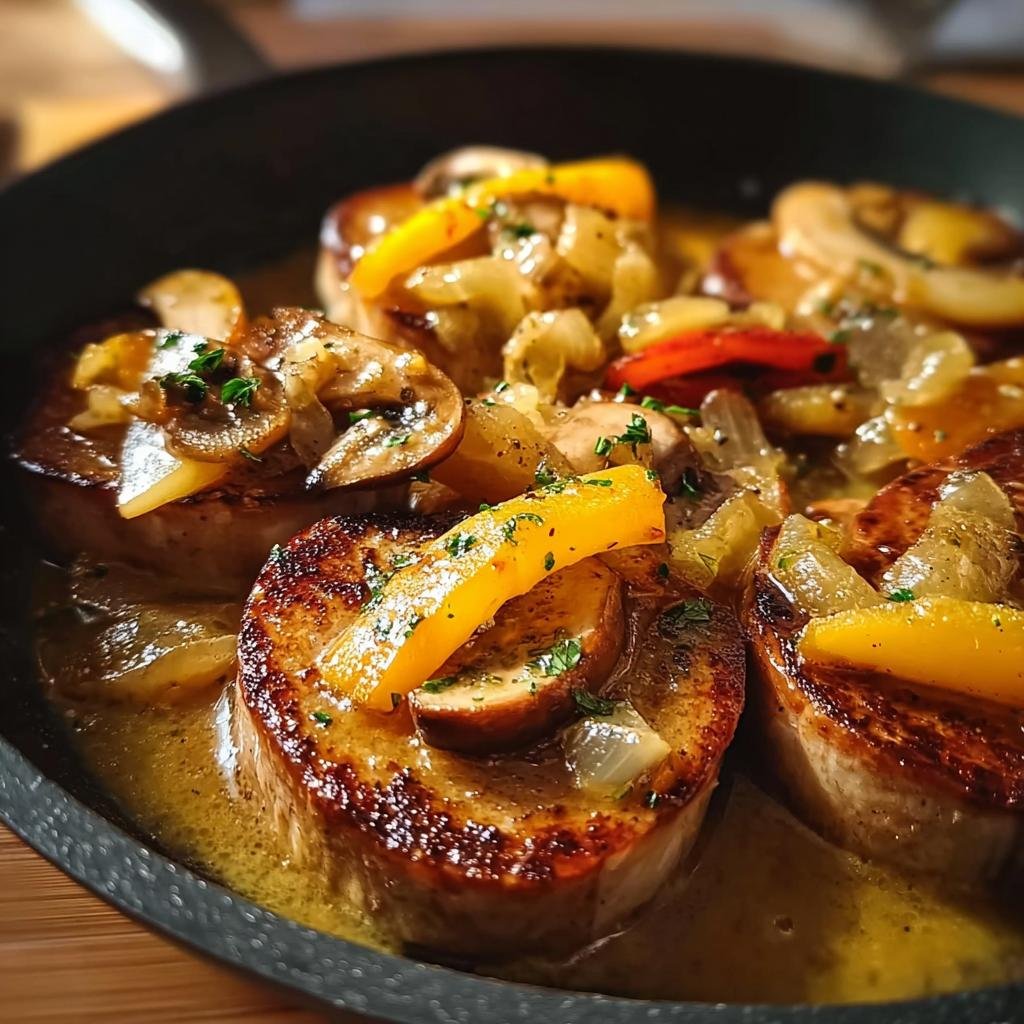 Nahaufnahme von gebratenen Scheiben Leberkäse – Pfanne in einer dunklen Pfanne mit Pilzen, Zwiebeln und gelben Paprikastreifen in cremiger Soße.